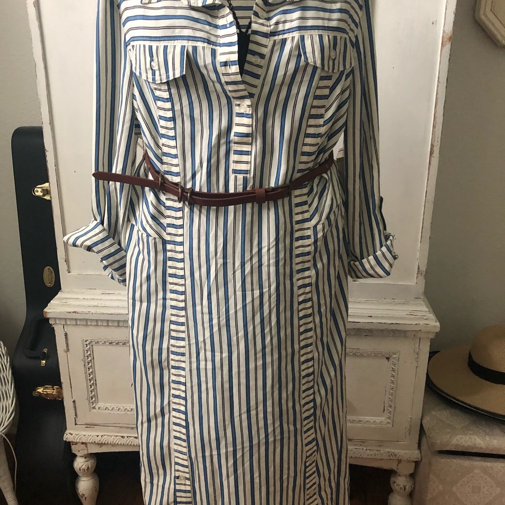 Casual Dress, cream, dusty blue & navy.